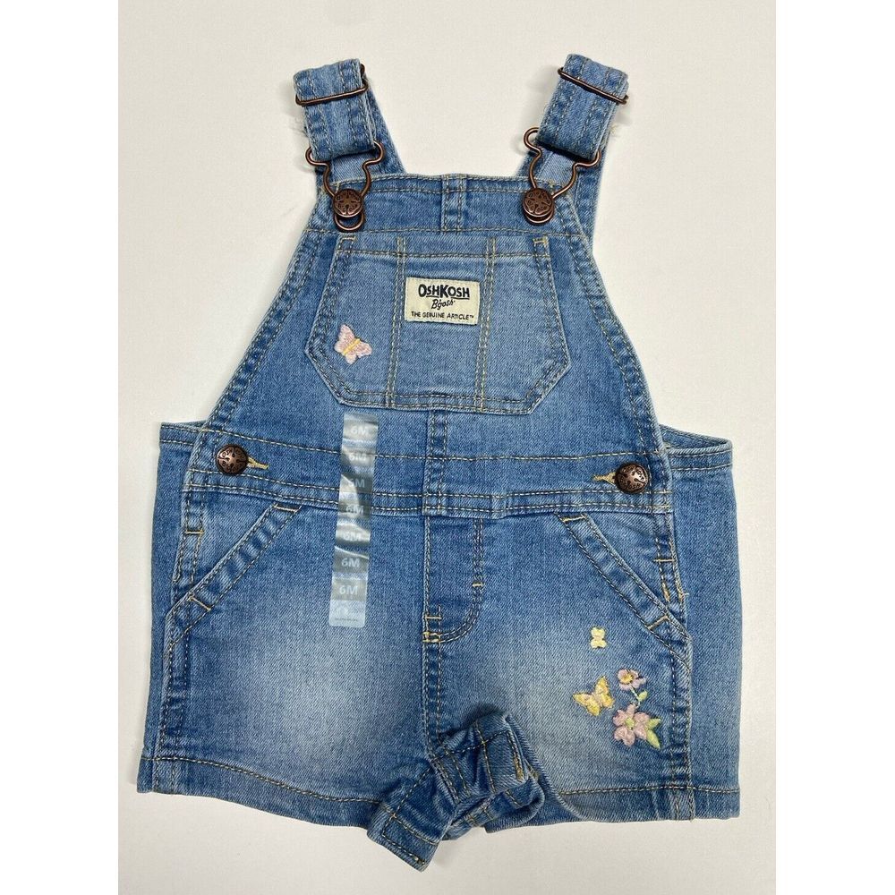 Oshkosh B'Gosh Girls‎ 6M Jean Short Overalls V-Back Floral Embroidery Light Blue